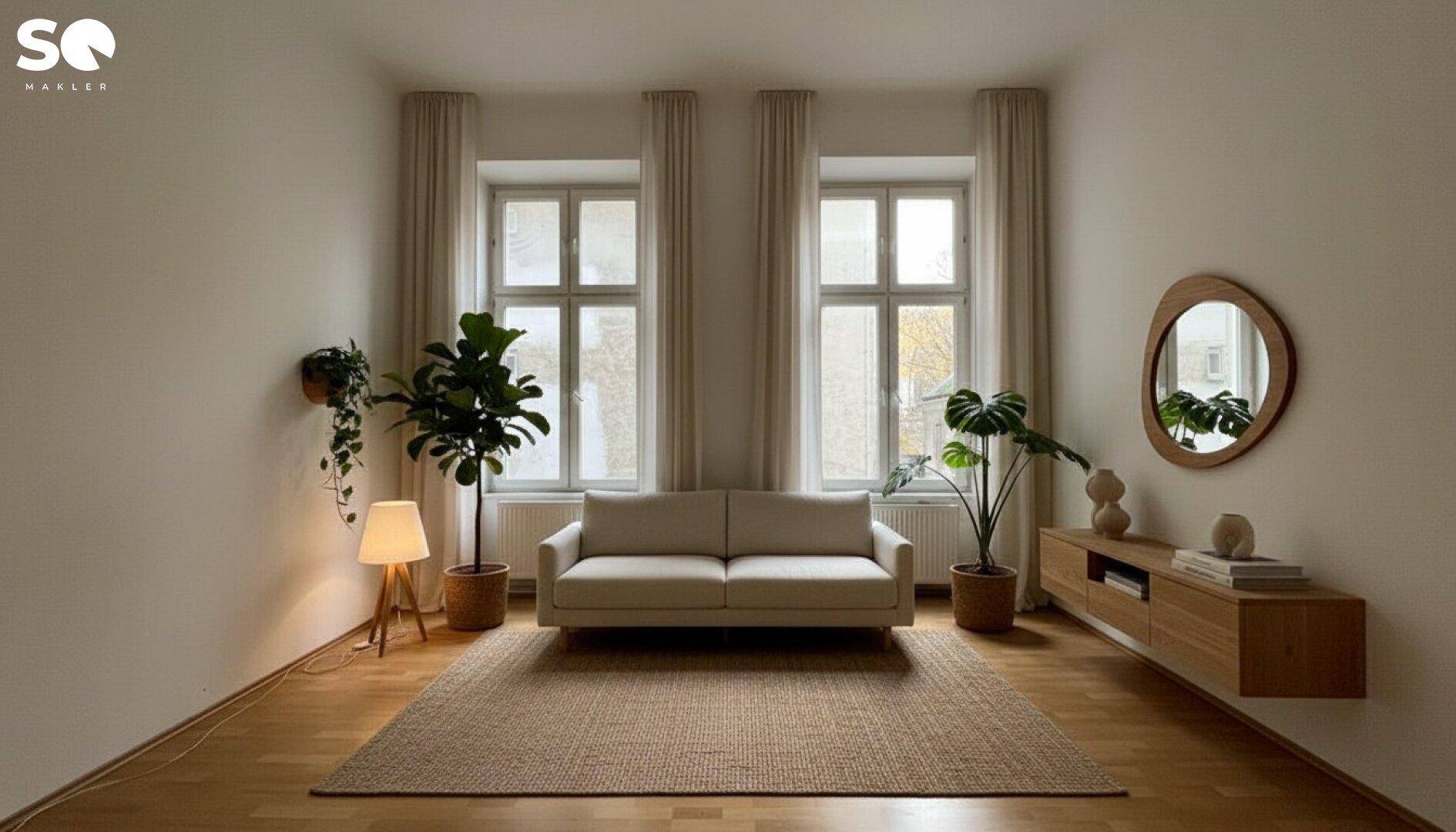 Gemütliches Wohnzimmer mit beigem Sofa, Holzboden und Pflanzen, modern eingerichtet.