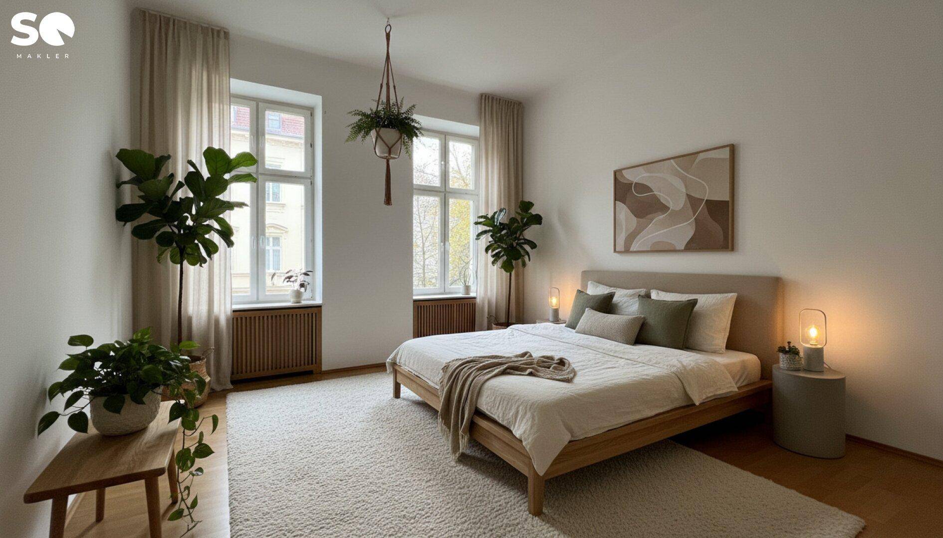 Modern eingerichtetes Schlafzimmer mit großem Bett, Teppichboden und viel Tageslicht.