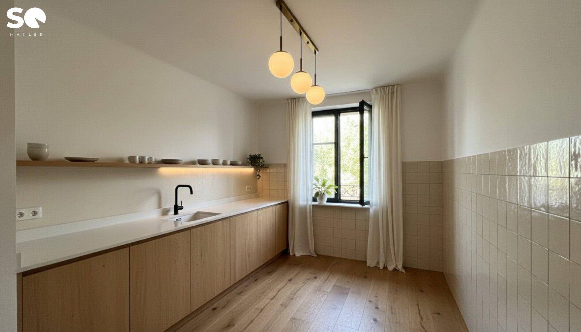 Moderne Küche mit Holzschränken, weißer Arbeitsplatte und stilvoller Beleuchtung.