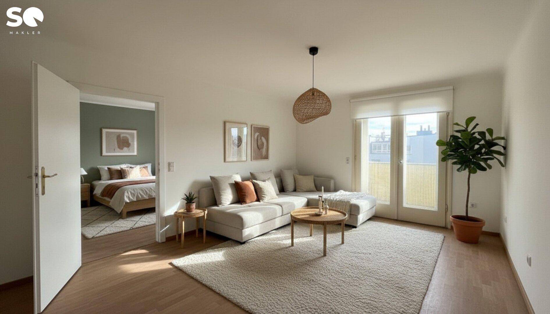 Helles Wohnzimmer mit modernem Sofa, Holzboden und Zugang zum Schlafzimmer.