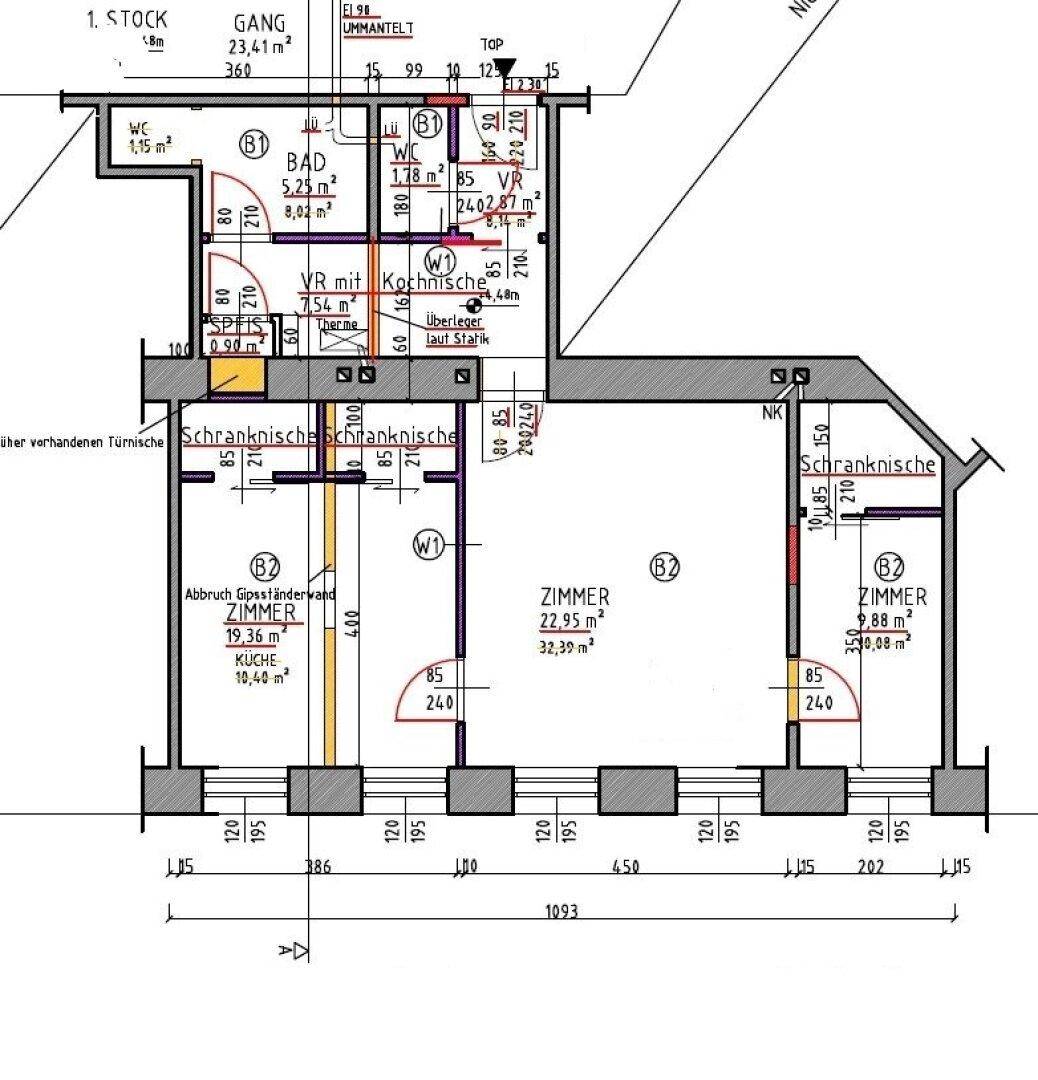 Detaillierter Grundriss einer Wohnung mit mehreren Zimmern, offener Wohnküche und zwei Bädern.