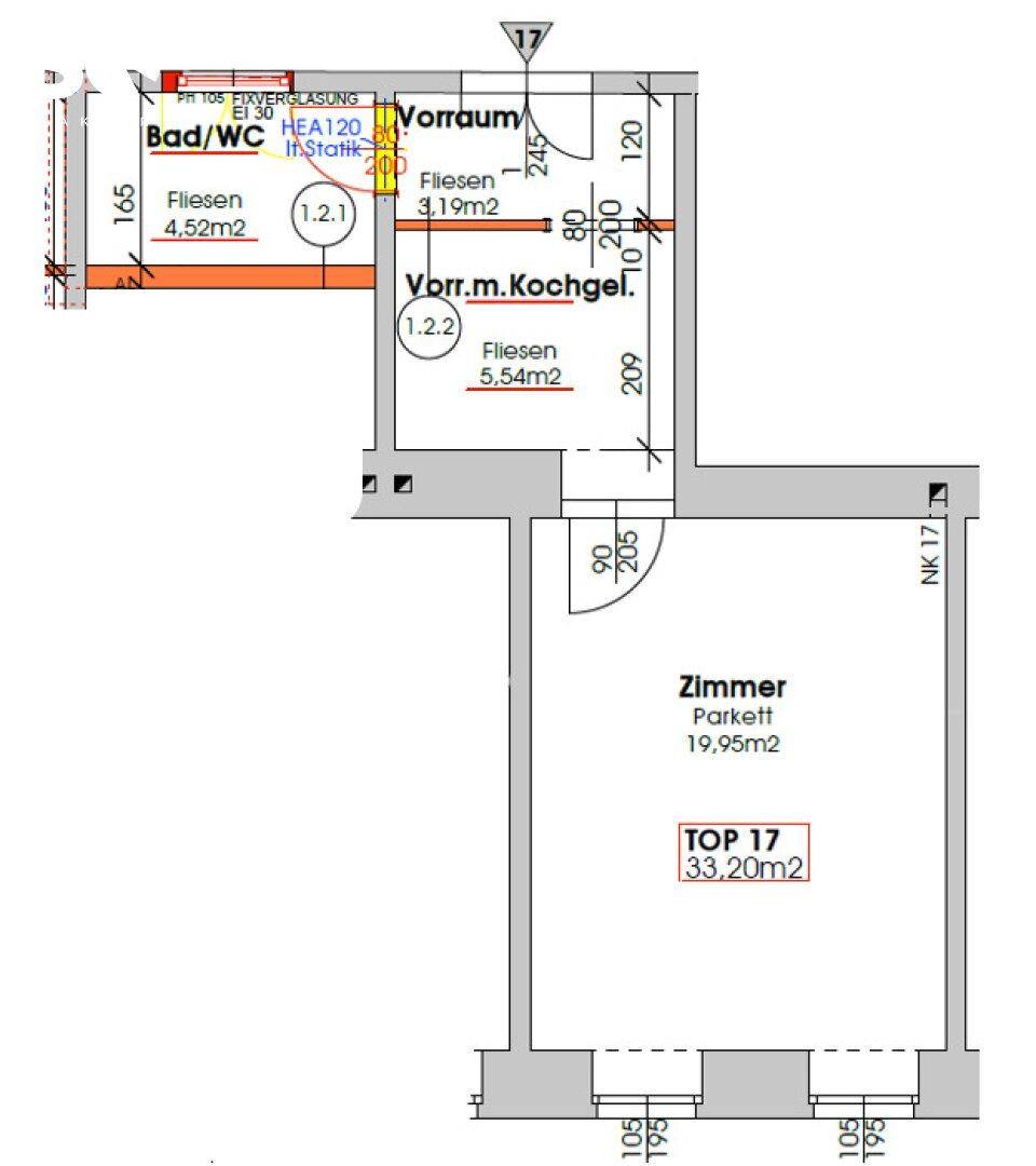 Grundriss zeigt die Aufteilung einer Wohnung mit Vorraum, Bad, Kochnische und Zimmer.