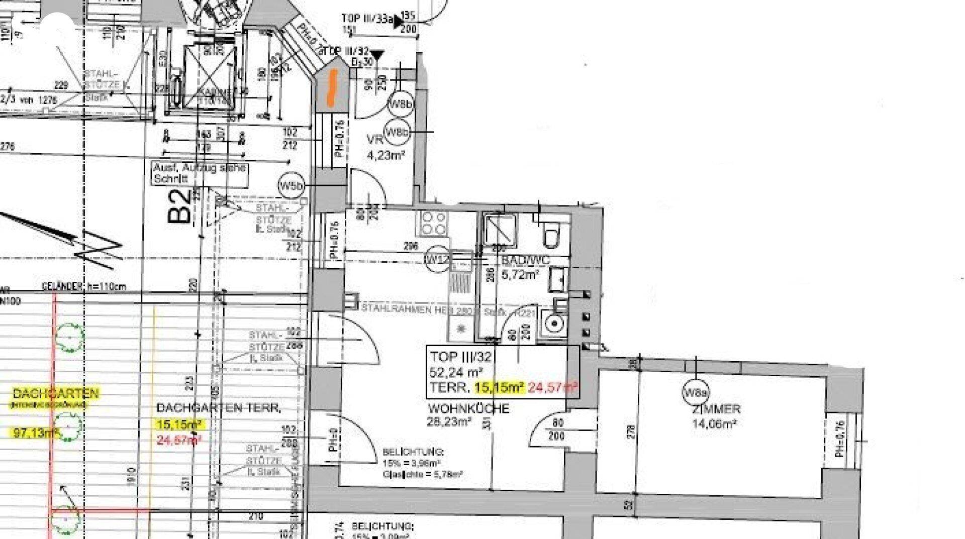 Grundrissplan einer Wohnung mit offener Wohnküche, Bad und Dachgarten.