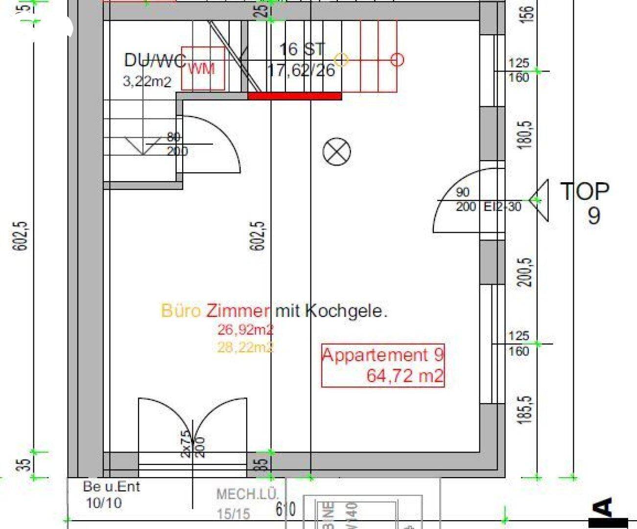 Grundriss des Appartements 9 mit Büro, Kochgelegenheit und separatem Dusch-WC.