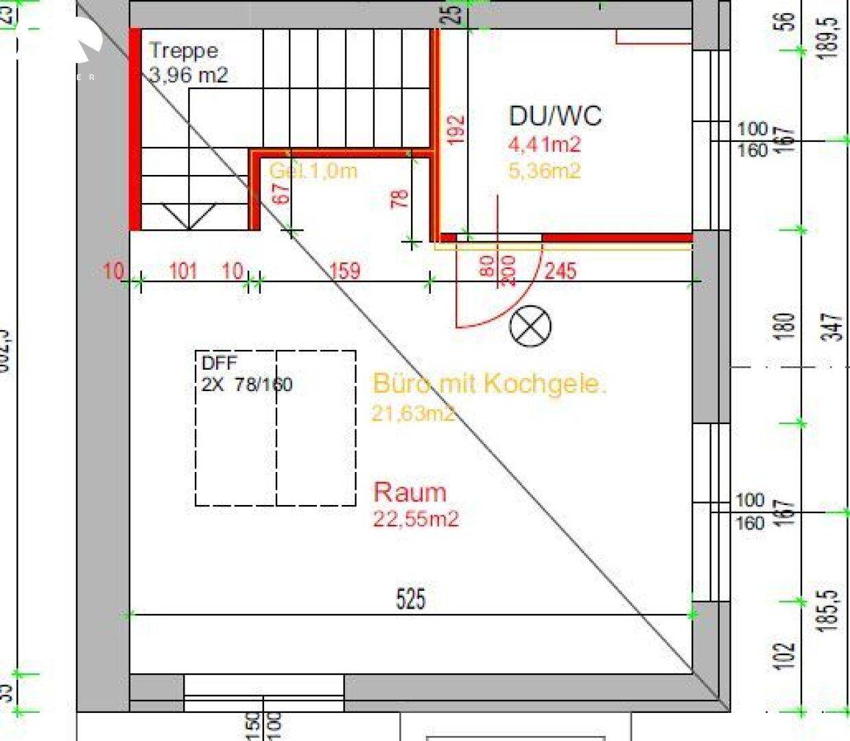Detaillierter Grundriss mit Treppe, Dusch-WC und offenem Bereich für Büro und Kochen.