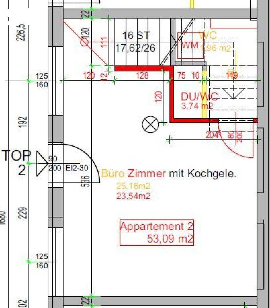 Grundriss von Appartement 2 mit Büro, Kochgelegenheit und Dusch-WC.