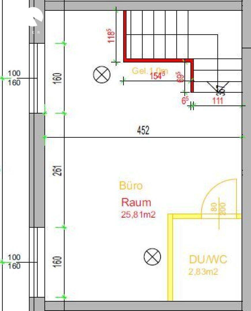 Detaillierter Grundriss mit Treppe, Büro und Dusch-WC-Bereich.