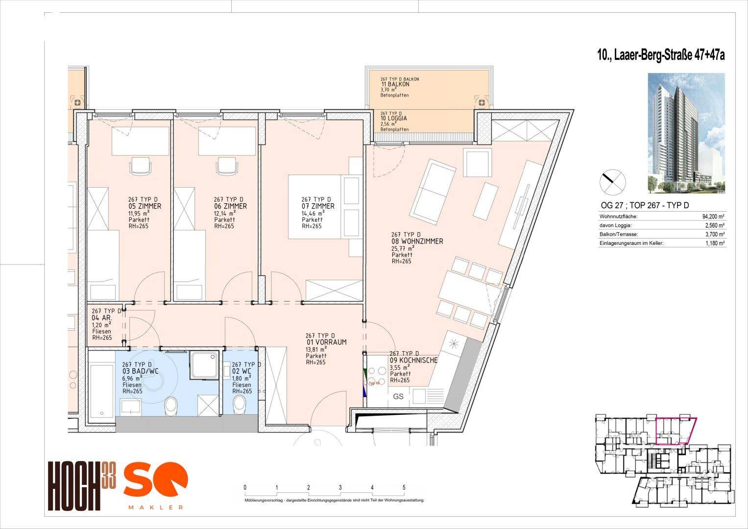 Grundriss der Wohnung mit drei Zimmern, offener Küche und Loggia.