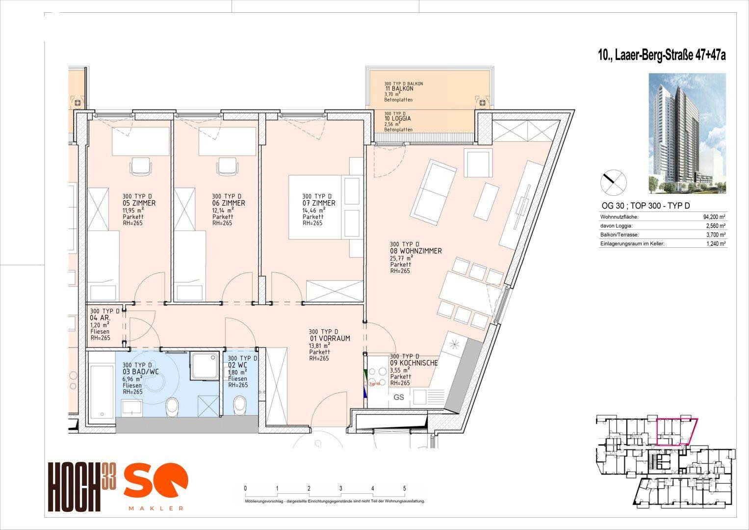 Detaillierter Grundriss einer Wohnung mit mehreren Zimmern, Balkon und klarer Raumaufteilung.