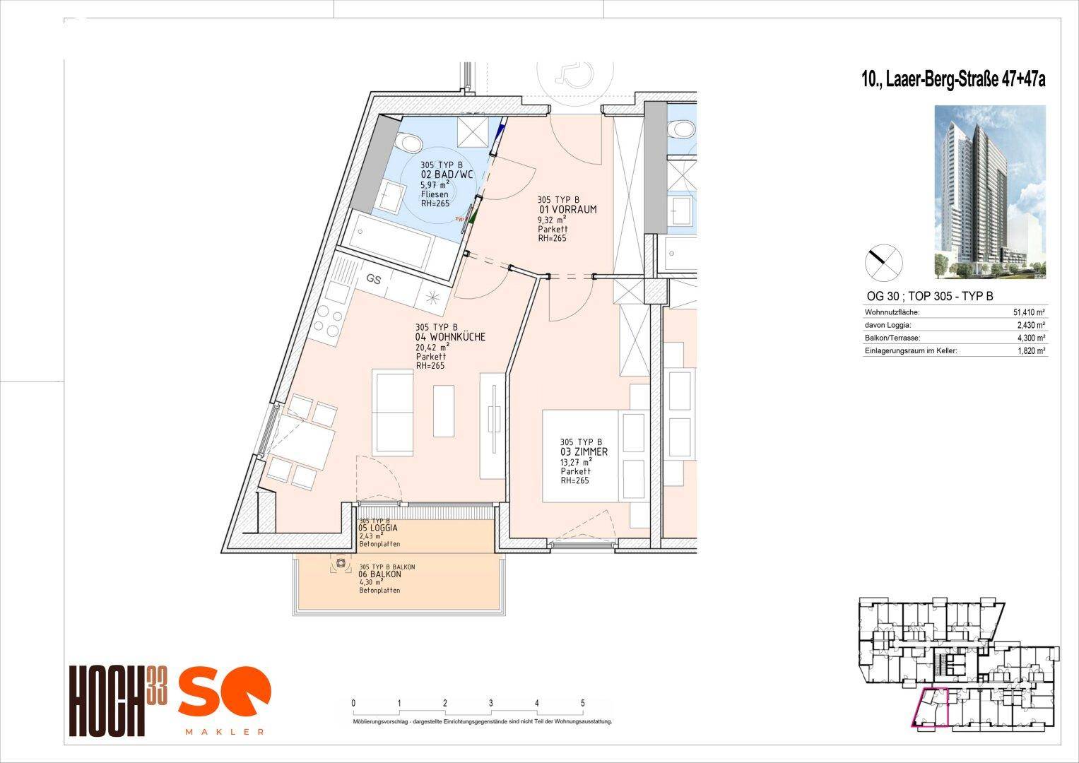 Grundriss der Wohnung mit Raumaufteilung, Loggia und Balkon sowie einer Gebäudevisualisierung.