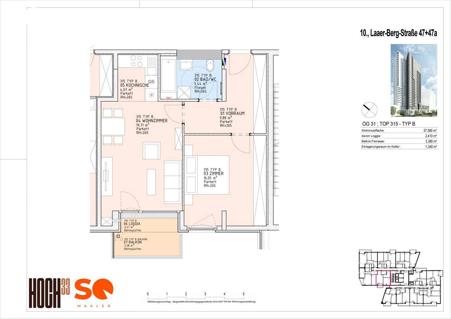 Grundriss einer Wohnung mit Wohnzimmer, Schlafzimmer und Balkon.