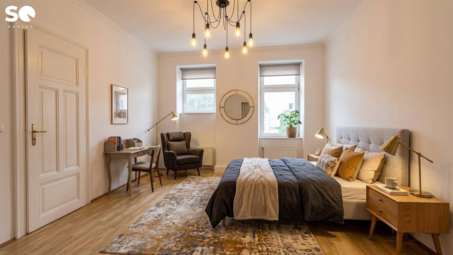 Gemütliches Schlafzimmer mit Doppelbett, Schreibtisch und zwei Fenstern, modern eingerichtet.