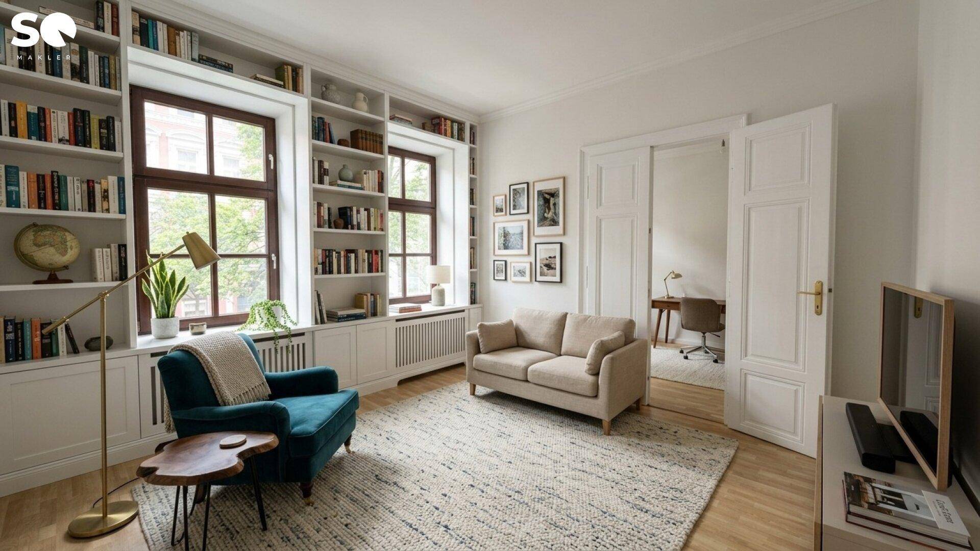 Elegantes Wohnzimmer mit eingebauten Bücherregalen, bequemen Sitzgelegenheiten und Blick ins Arbeitszimmer.