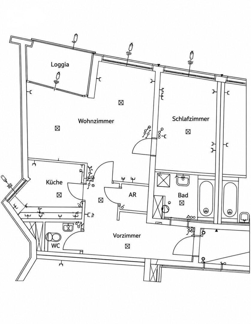 Grundriss einer Wohnung mit Loggia, Wohnzimmer, Schlafzimmer, Küche, Bad und WC.