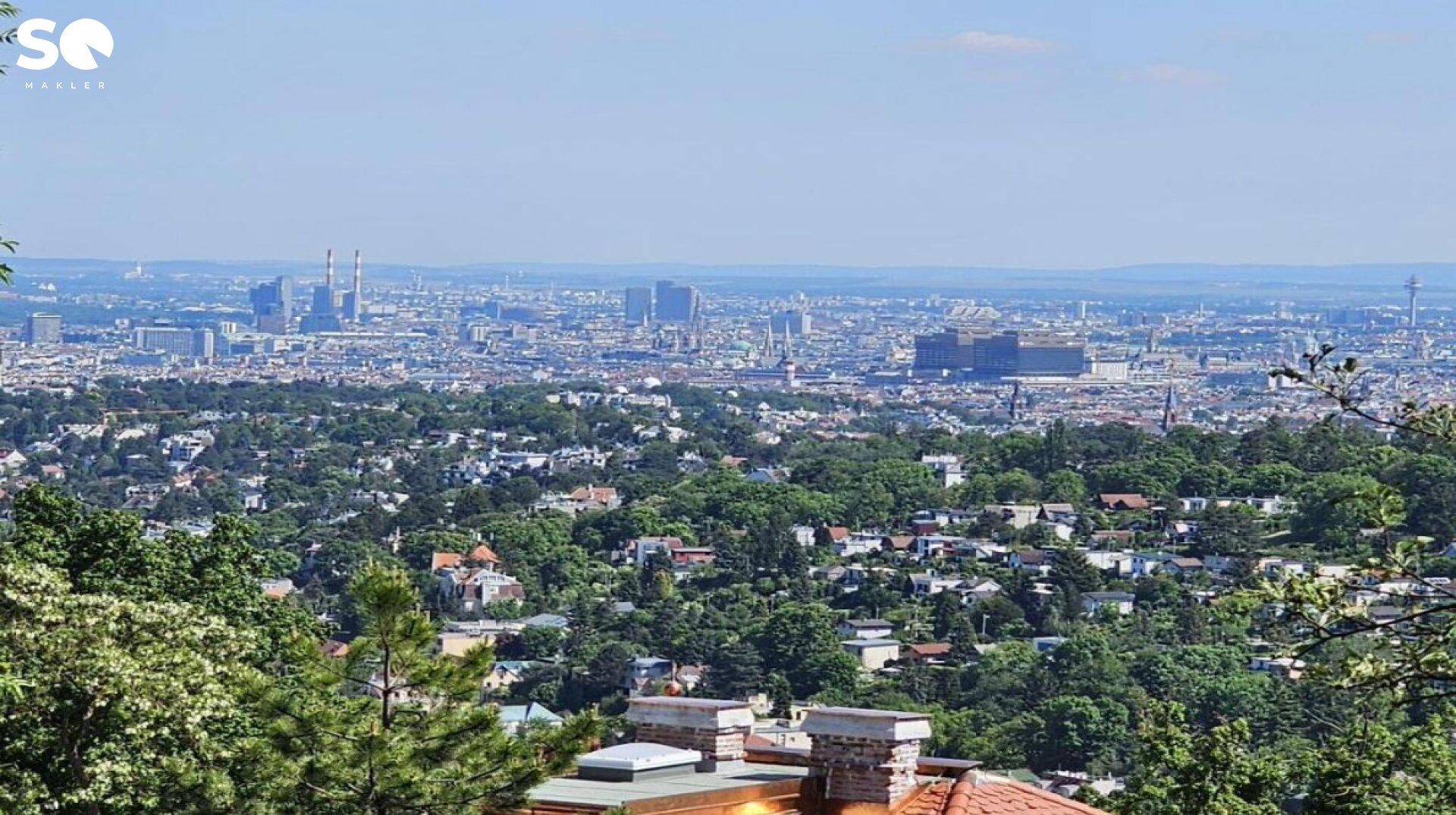 Panoramablick auf die Stadtlandschaft mit Hochhäusern und weiten Grünflächen im Vordergrund.
