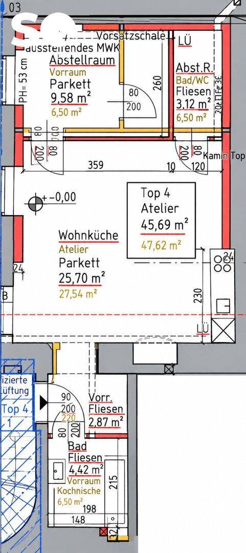 Grundriss der Wohnung Top 4 mit Wohnküche, Abstellraum und Bad/WC.