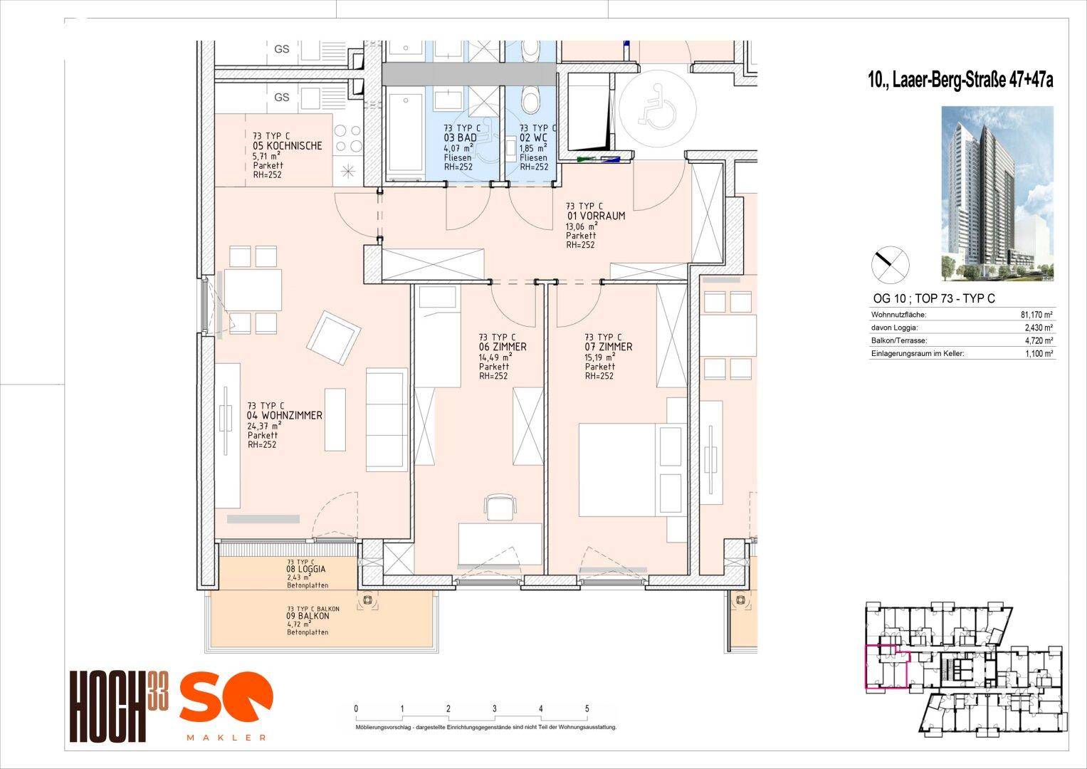 Grundriss einer Wohnung mit Loggia und Balkon, inklusive Raumaufteilung und Flächenangaben.