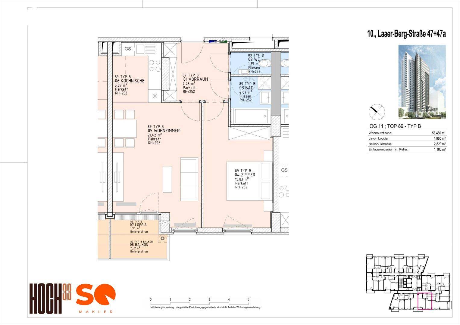 Grundrissplan einer Wohnung mit Loggia und Balkon, inklusive Raumaufteilung.