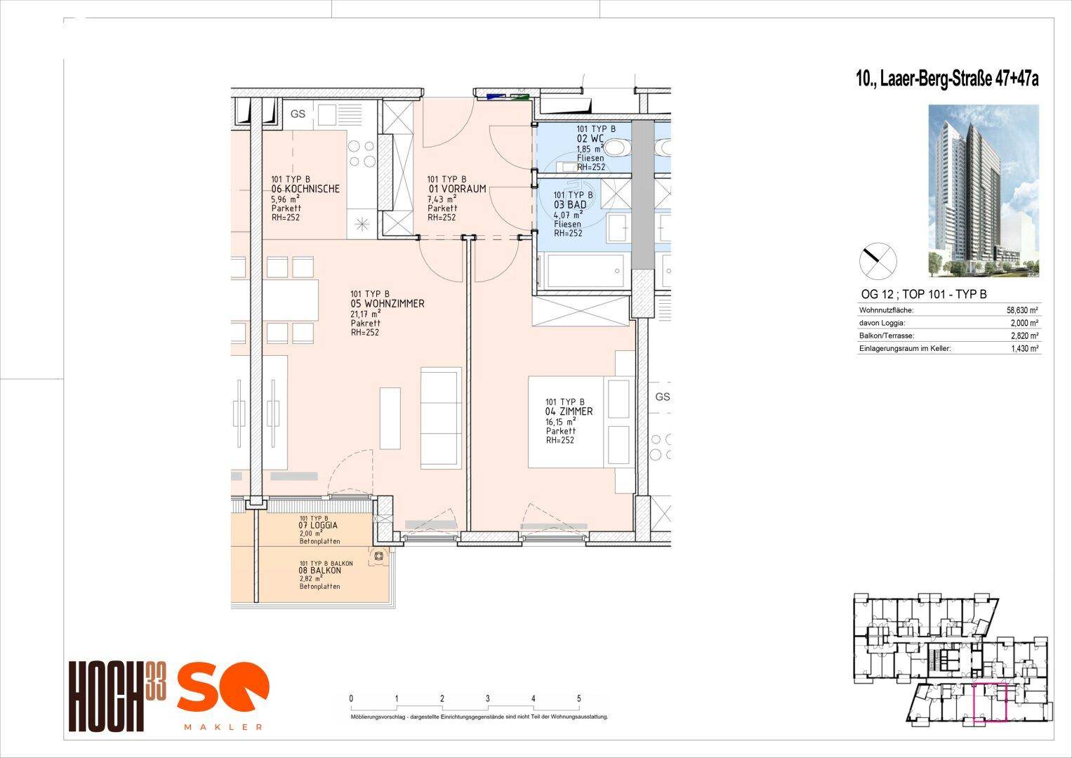 Grundriss einer Wohnung mit Wohnzimmer, Schlafzimmern, Bad und Balkon.