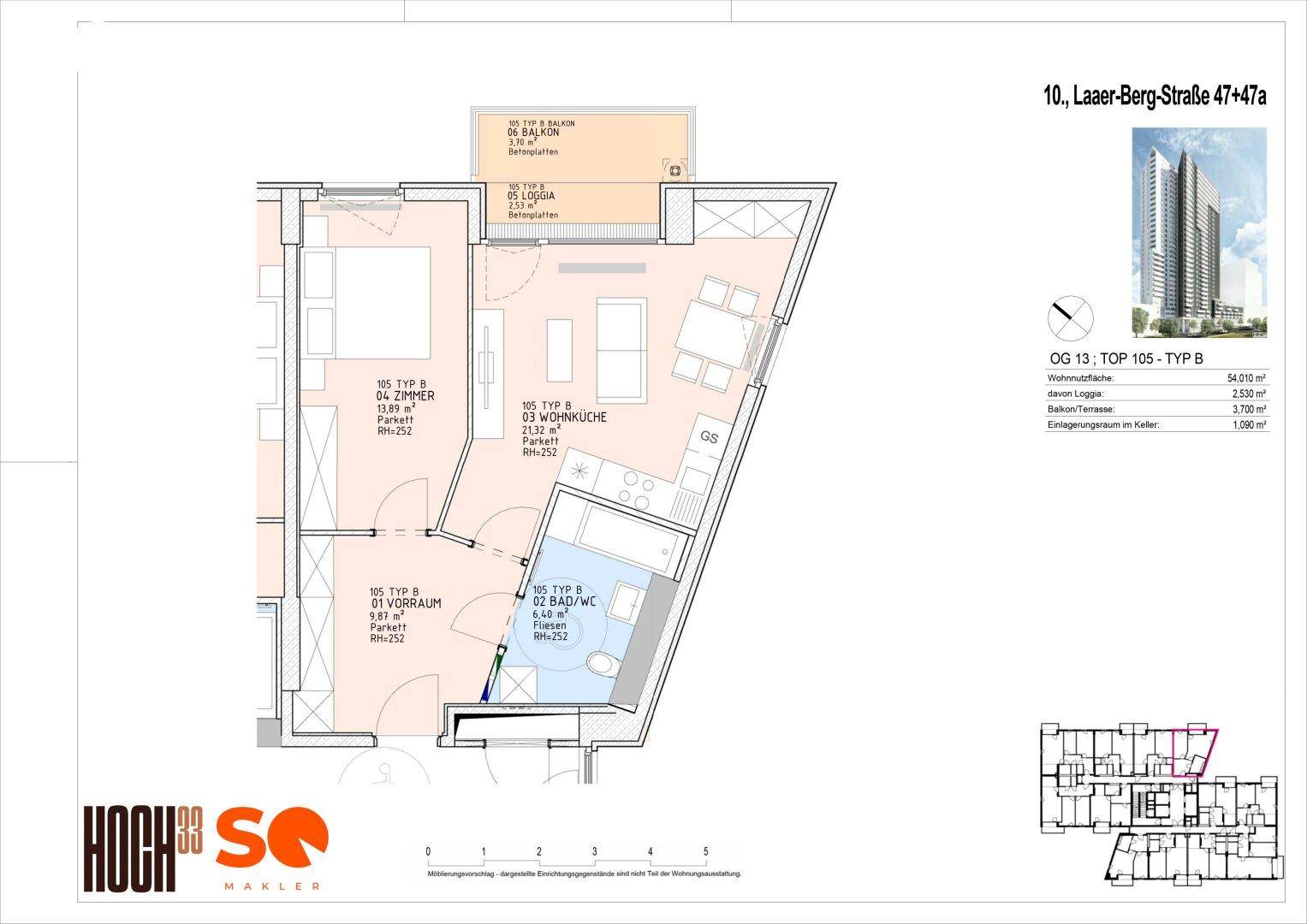 Grundriss der Wohnung im 13. Obergeschoss mit Loggia und offenem Wohnbereich.
