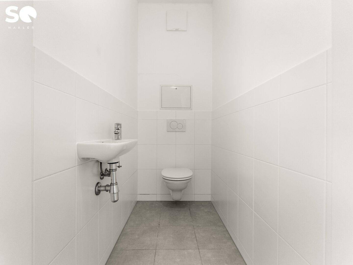 Schlichtes Gäste-WC mit Wand-WC und kleinem Handwaschbecken.