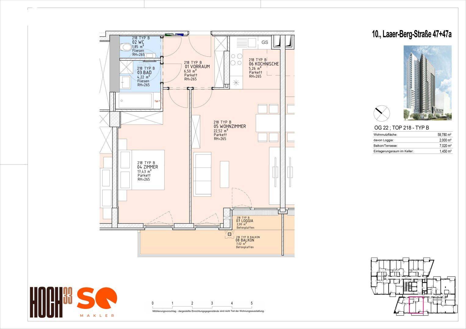 Grundriss einer Wohnung mit Loggia und Balkon, inklusive Raumaufteilung.
