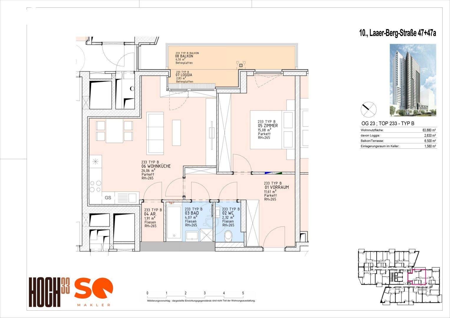 Grundriss einer Wohnung im 23. Obergeschoss mit Balkon, Loggia und drei Zimmern.