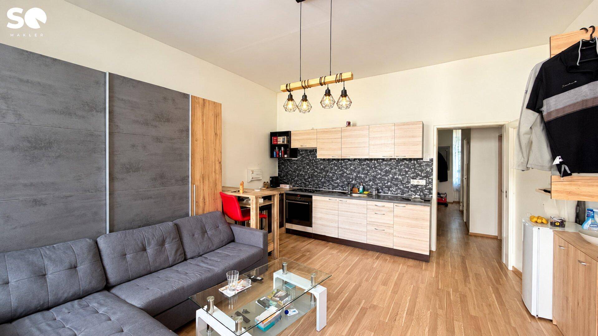 Offener Wohnbereich mit integrierter Küche, Sofa und Holzboden.