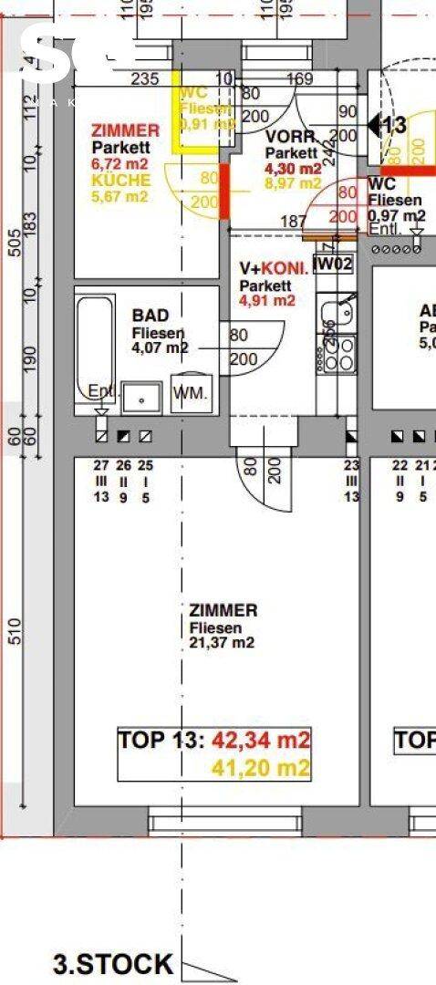 Grundriss einer Wohnung mit Zimmern, Bad, WC und Küche, inklusive Flächenangaben.
