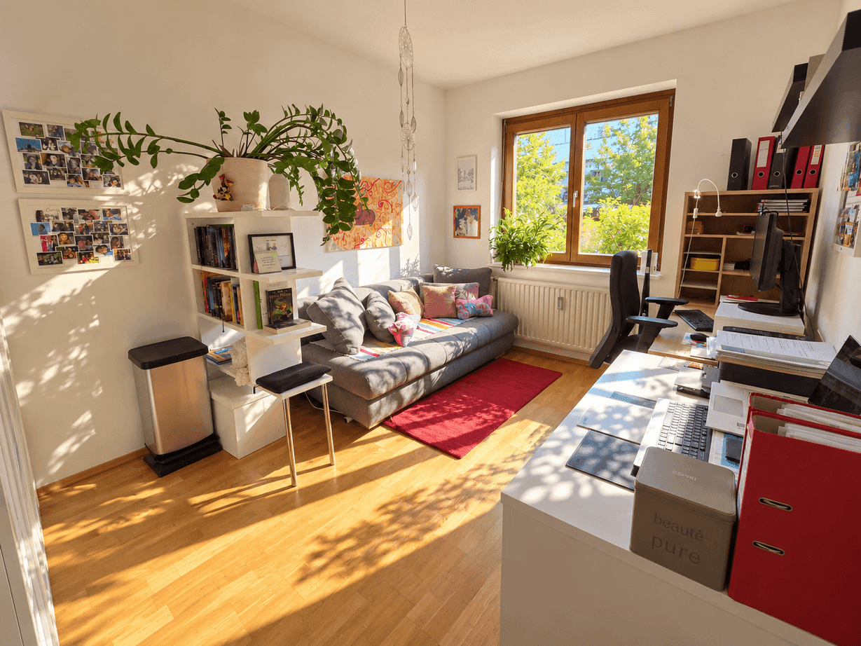 Helles Arbeitszimmer mit Holzfußboden, großem Fenster und einem bequemen Sofa, ideal für Home-Office und Gäste.