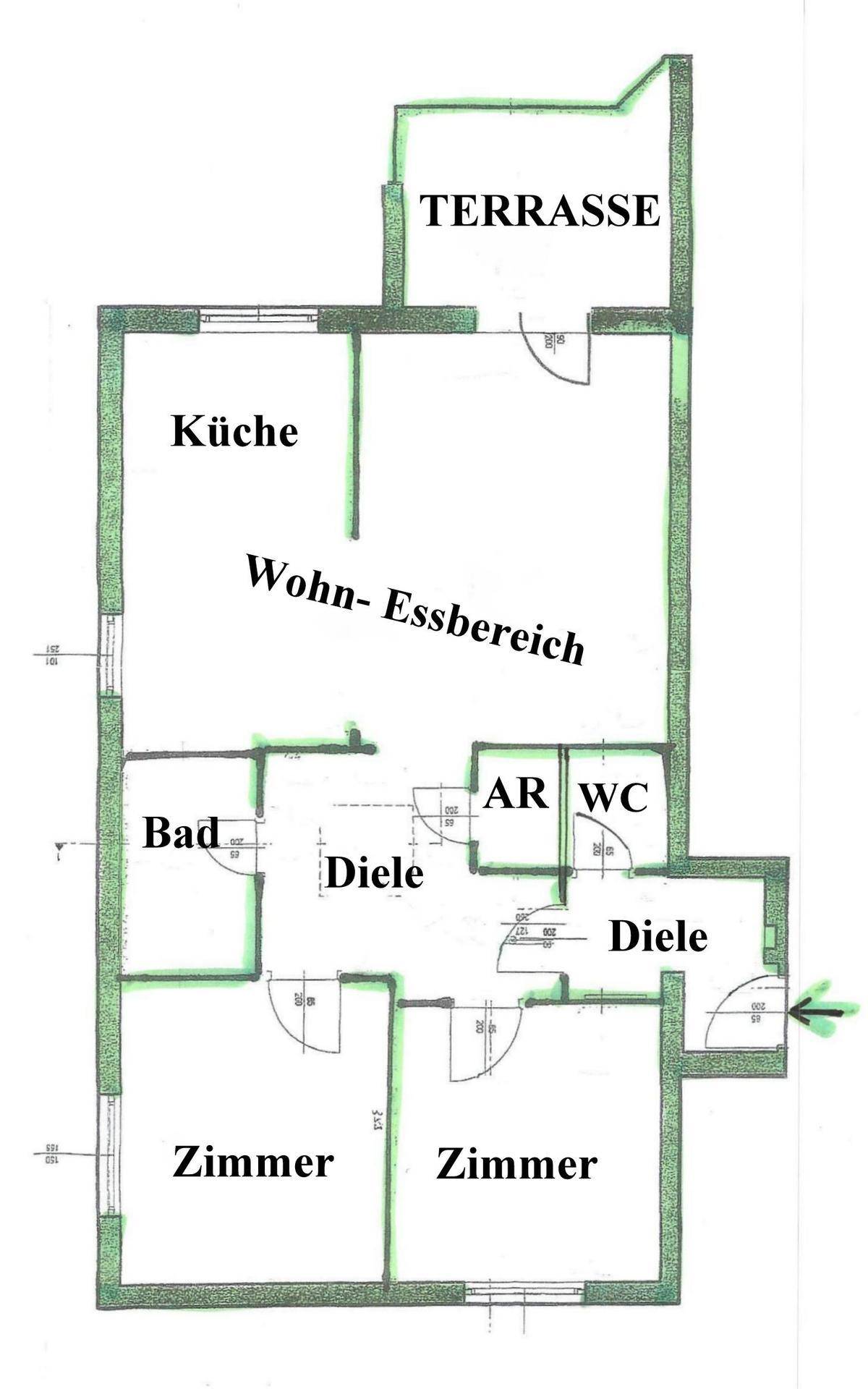 Grundriss einer Wohnung mit offenem Wohn-Essbereich, Küche, zwei Zimmern, Bad, WC und einer Terrasse.