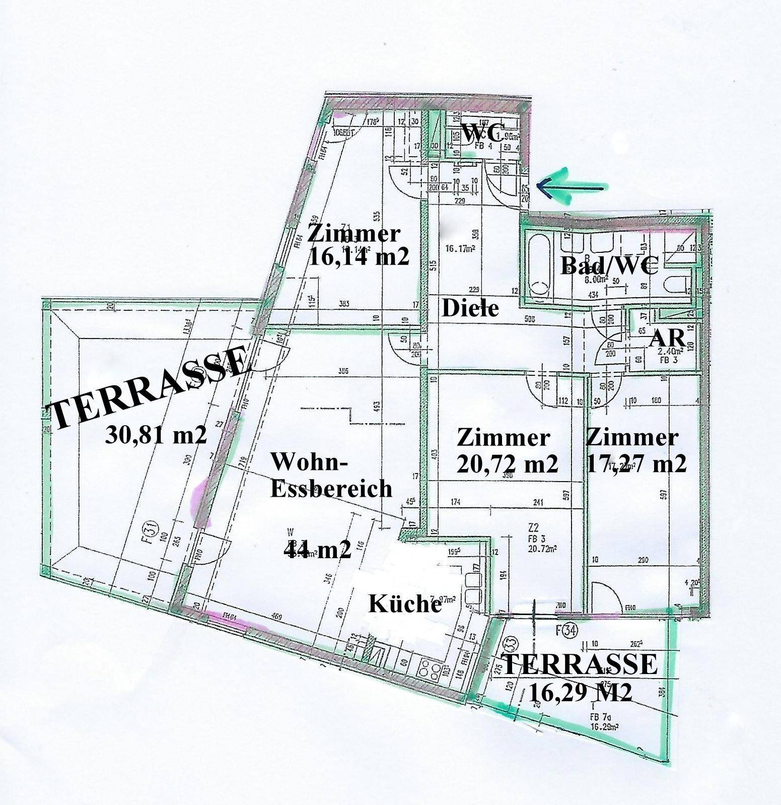 Detaillierter Grundriss der Wohnung mit Wohn-Essbereich, Küche und zwei Terrassen.