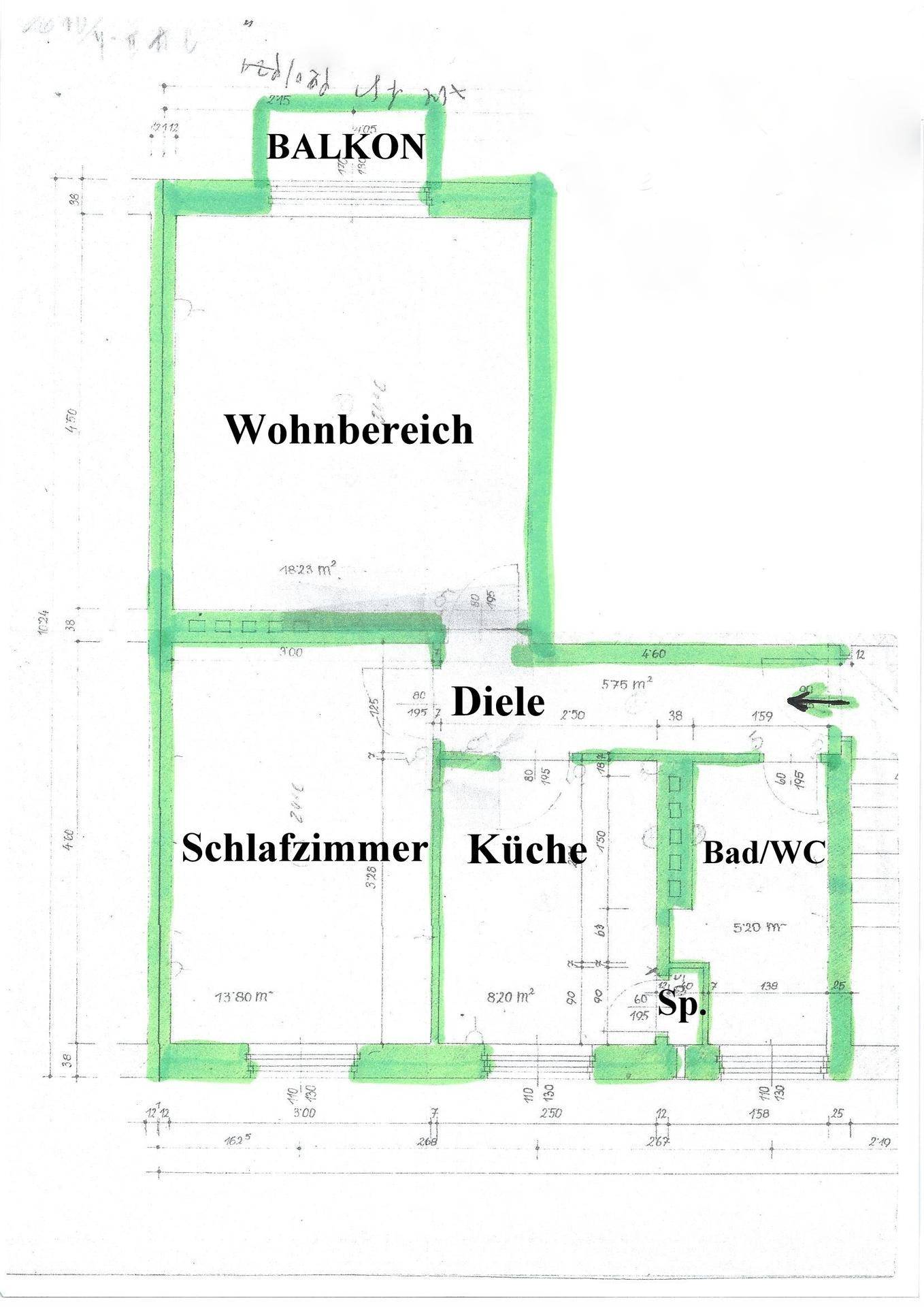 Grundriss der Wohnung mit Wohnbereich, Schlafzimmer, Küche, Bad/WC und Balkon.