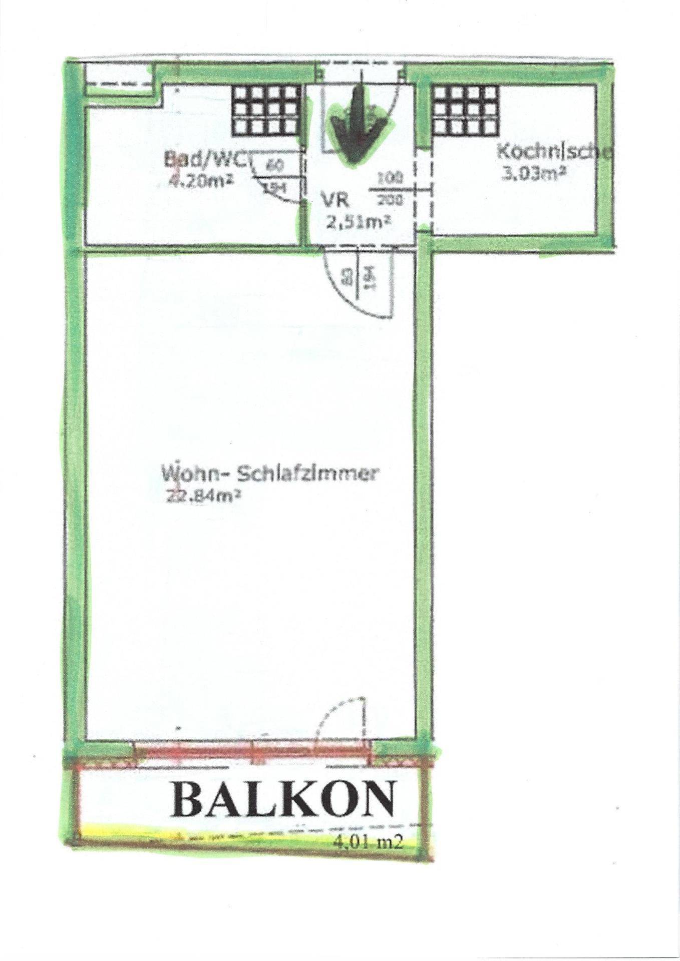 Grundriss einer Wohnung mit Wohn-Schlafzimmer, Bad/WC, Kochnische und Balkon.