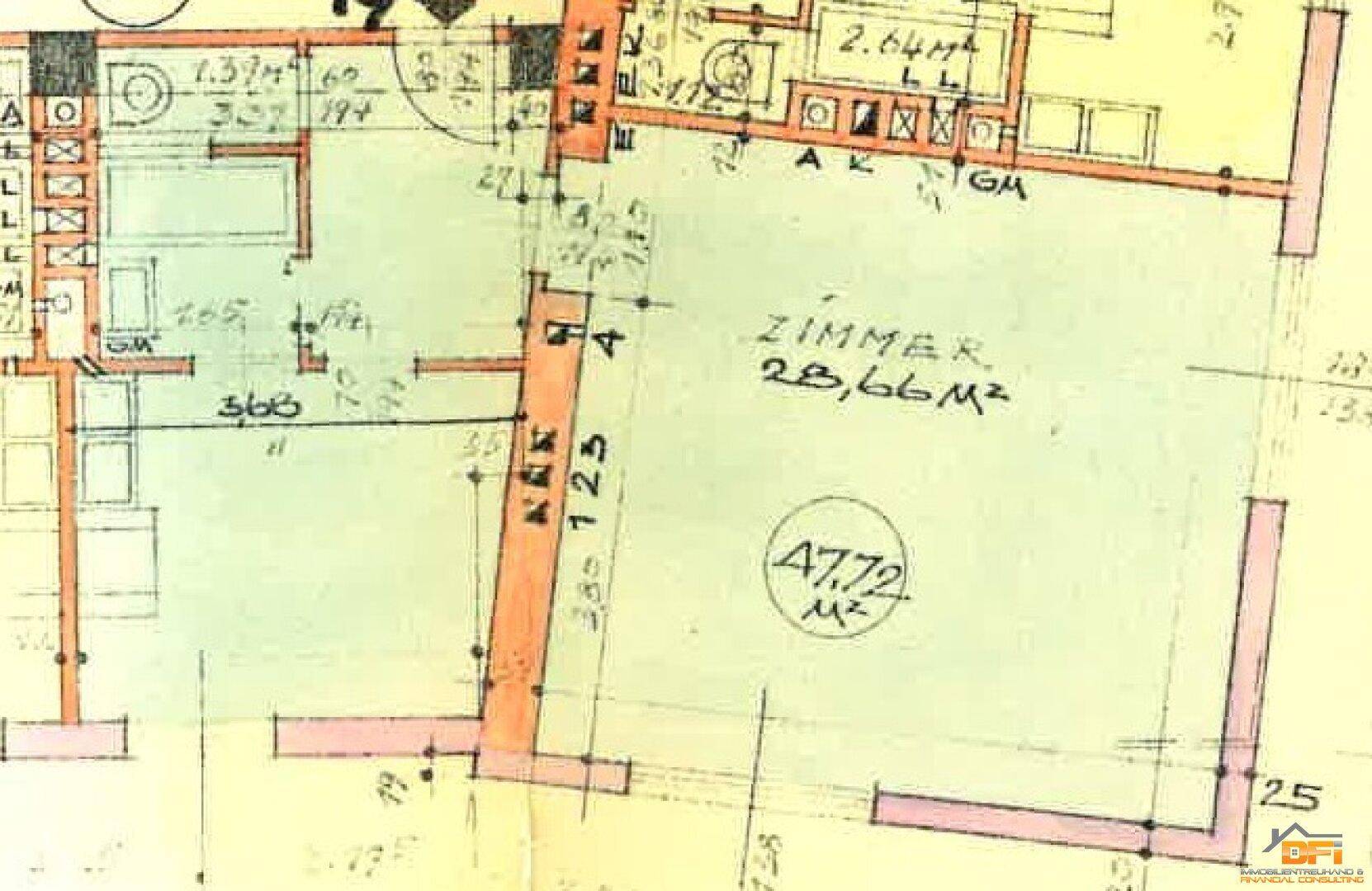Detailansicht eines Grundrisses mit Raummaßen und Aufteilung.
