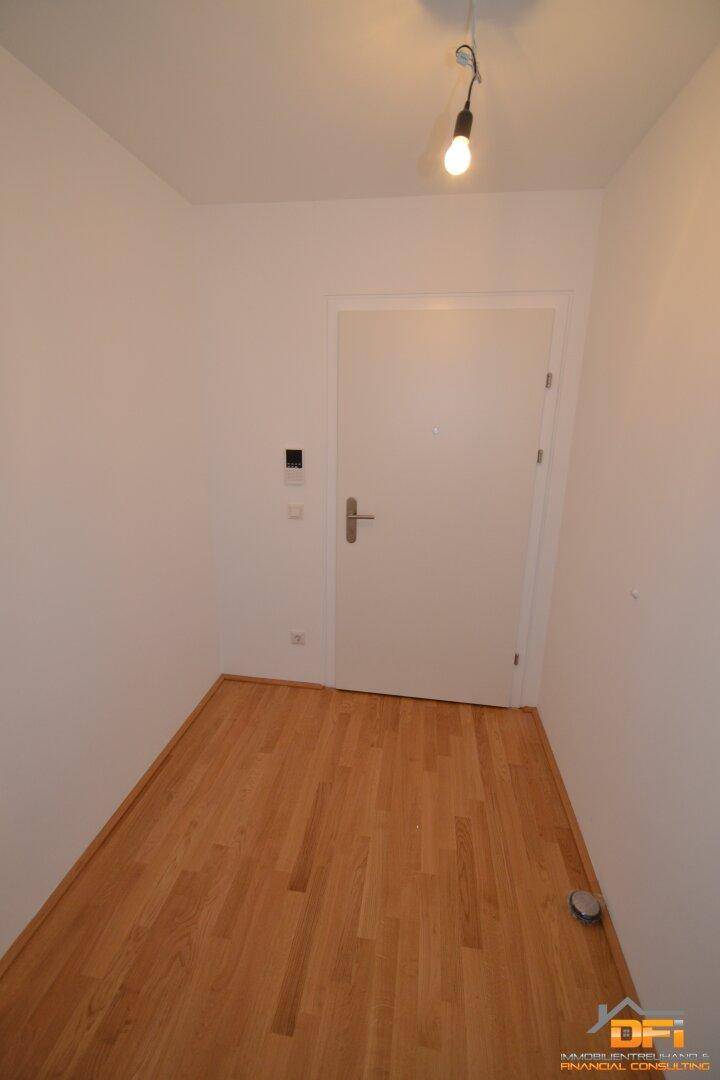 Eingangsbereich mit Parkettboden und weißer Tür, bietet einen freundlichen Empfang.