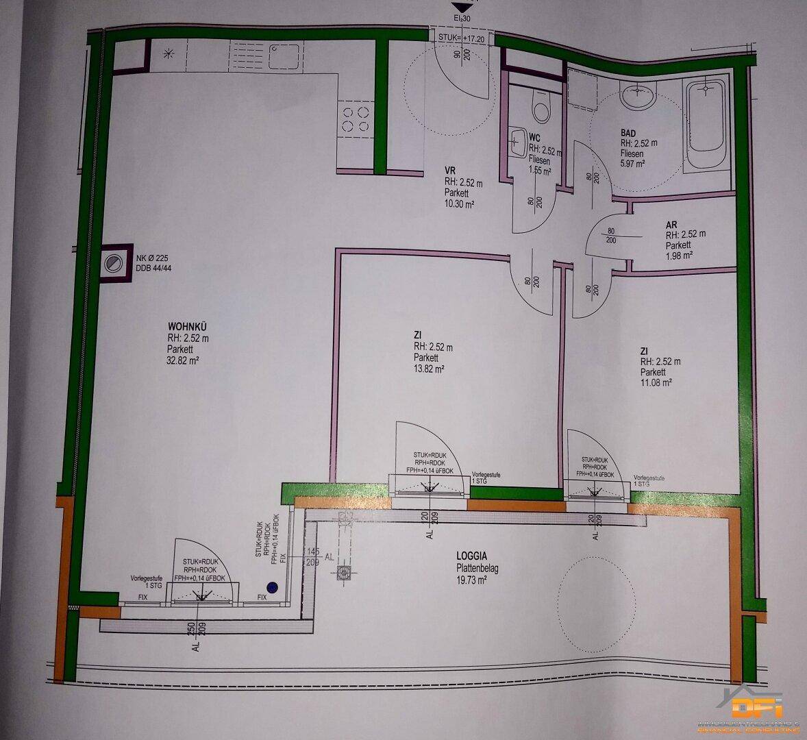 Detaillierter Grundriss einer Wohnung mit Loggia, Bad und separatem WC.