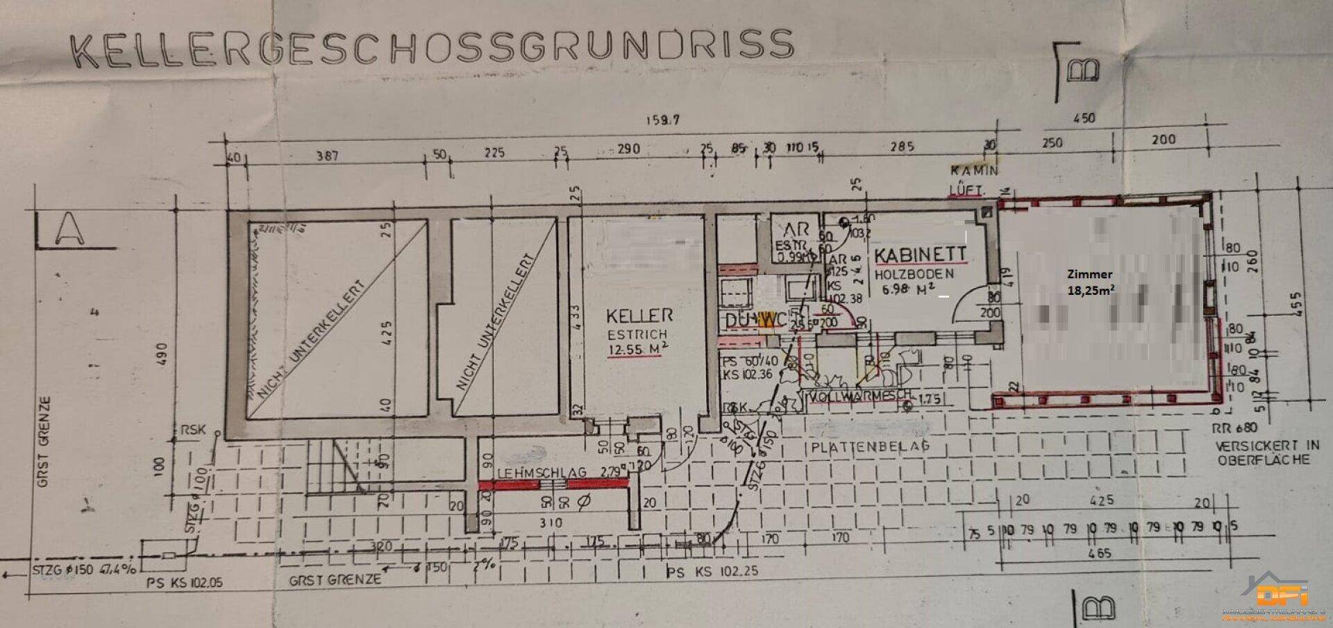 Grundriss des Kellergeschosses mit Abstellräumen, Keller und einem Zimmer.
