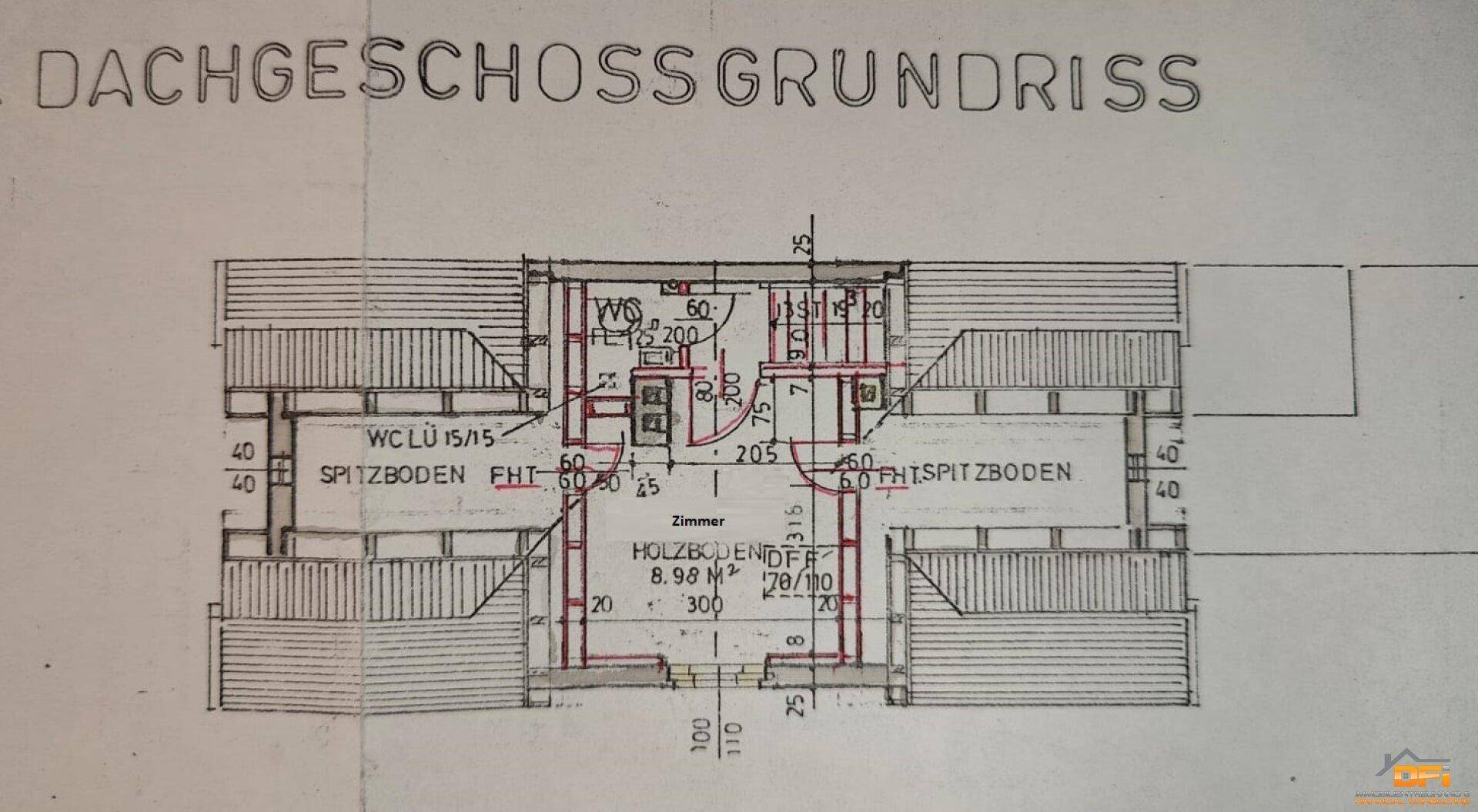 Grundriss des Dachgeschosses mit zwei Zimmern und WC unter der Dachschräge.