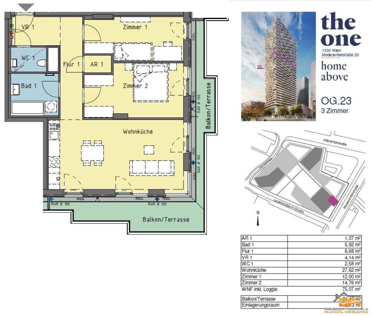 Grundriss einer Wohnung mit drei Zimmern, Wohnküche und Balkon/Terrasse.