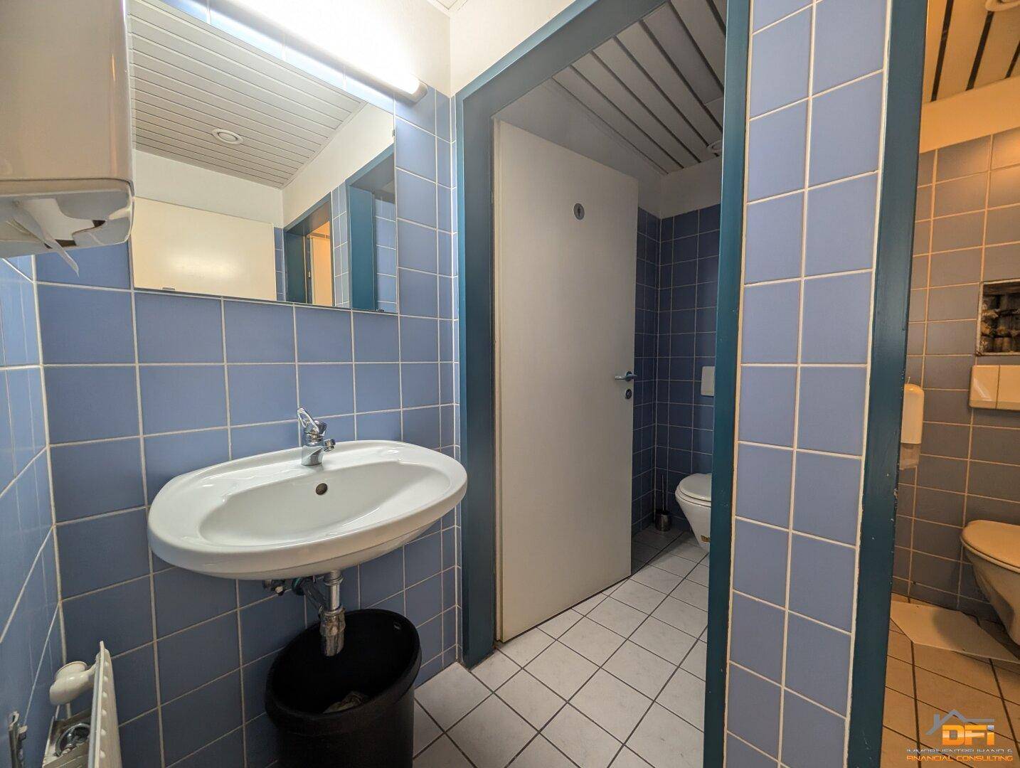 Badezimmer mit blauen Fliesen, Waschbecken und Toilette, in gutem, funktionalem Zustand.
