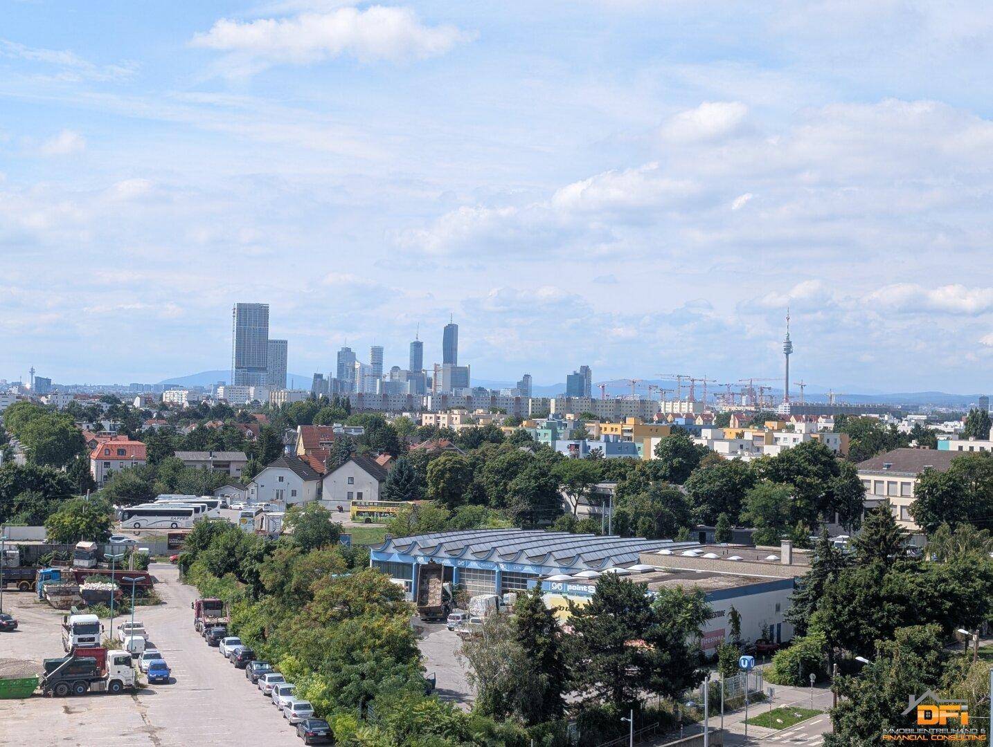 Panoramablick auf die moderne Skyline einer Großstadt mit hohen Gebäuden und weitem Horizont.
