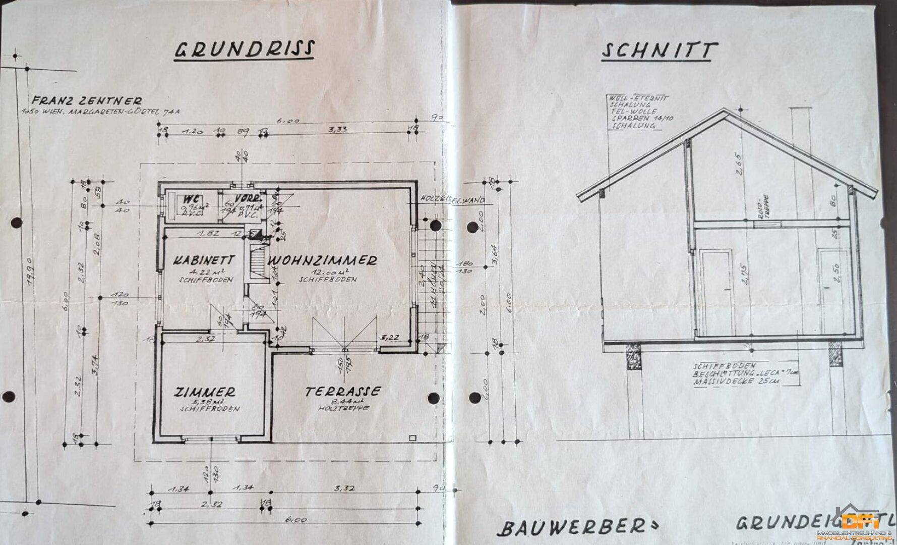 Historischer Grundriss und Schnittzeichnung des Hauses mit Raumaufteilung.