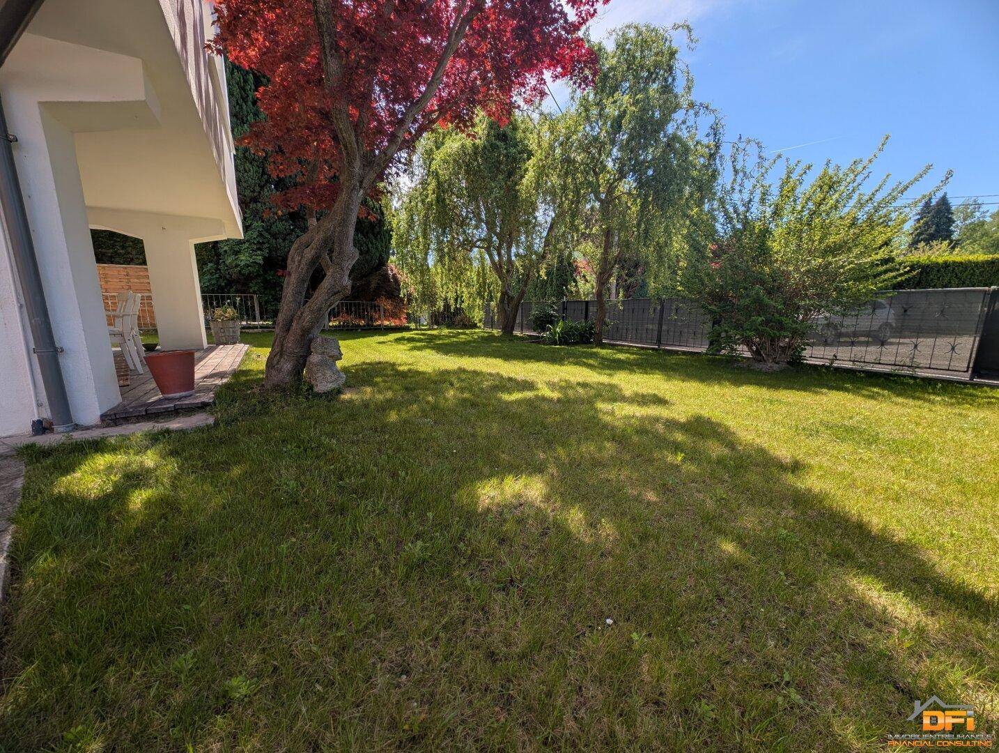 Sonniger Garten mit üppigem Rasen, verschiedenen Bäumen und Blick auf die Hausseite.