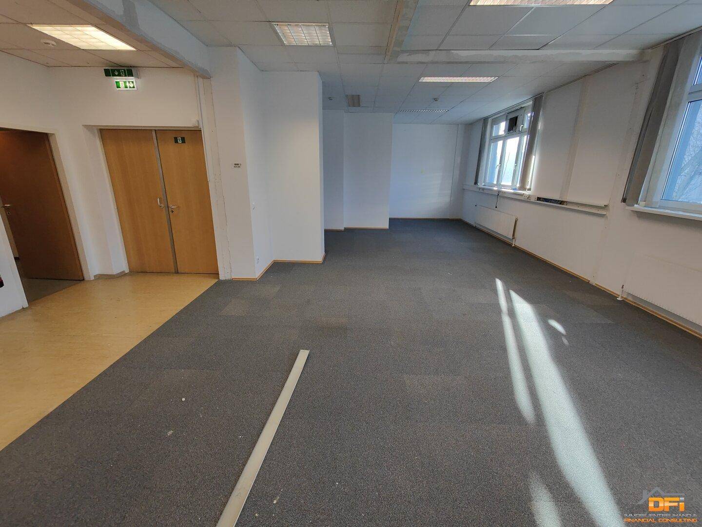Heller Bürobereich mit grauem Teppichboden, Fenstern und zwei Holztüren.