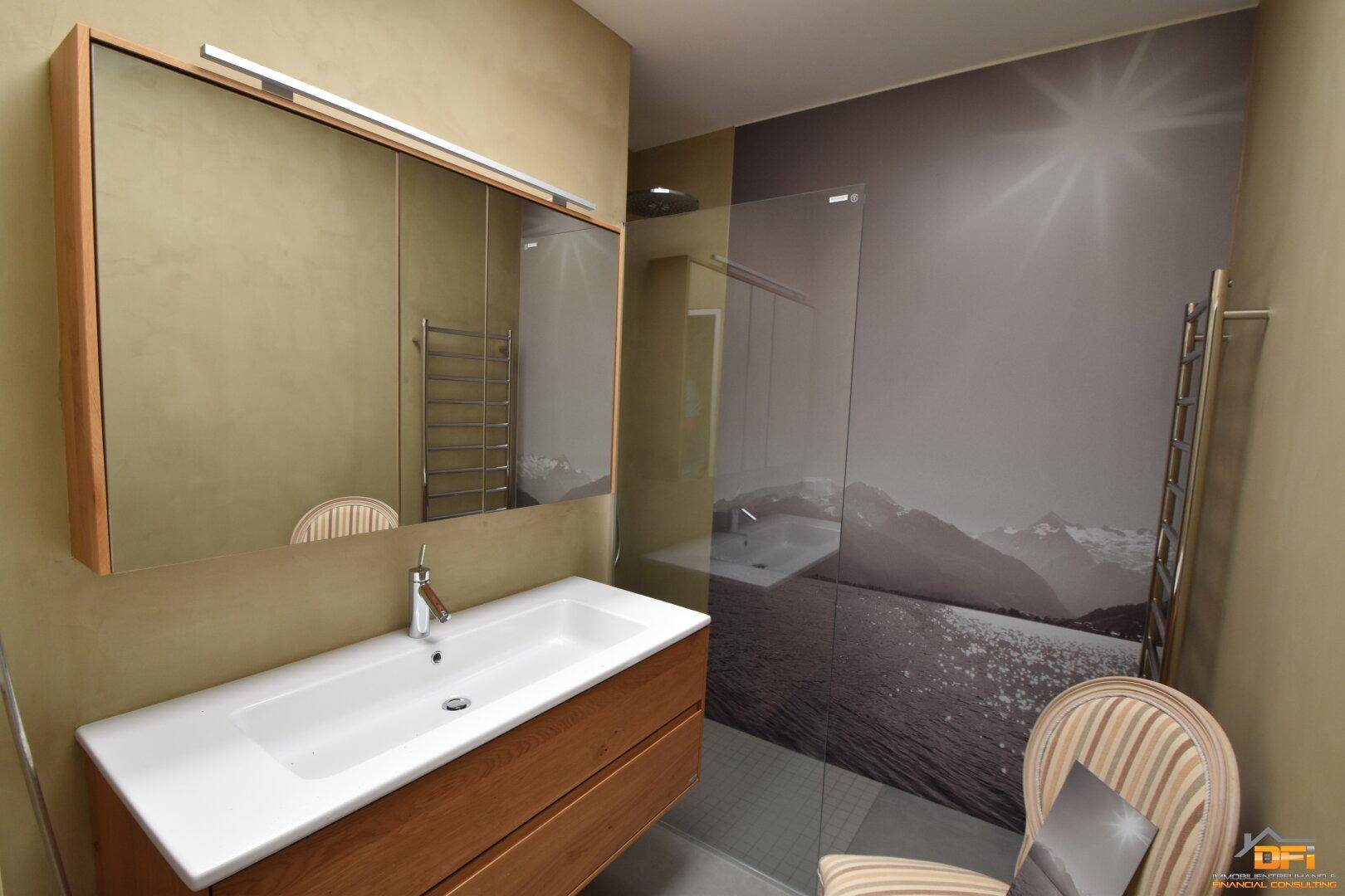 Modernes Badezimmer mit Einzelwaschbecken, Spiegelschrank und begehbarer Dusche.