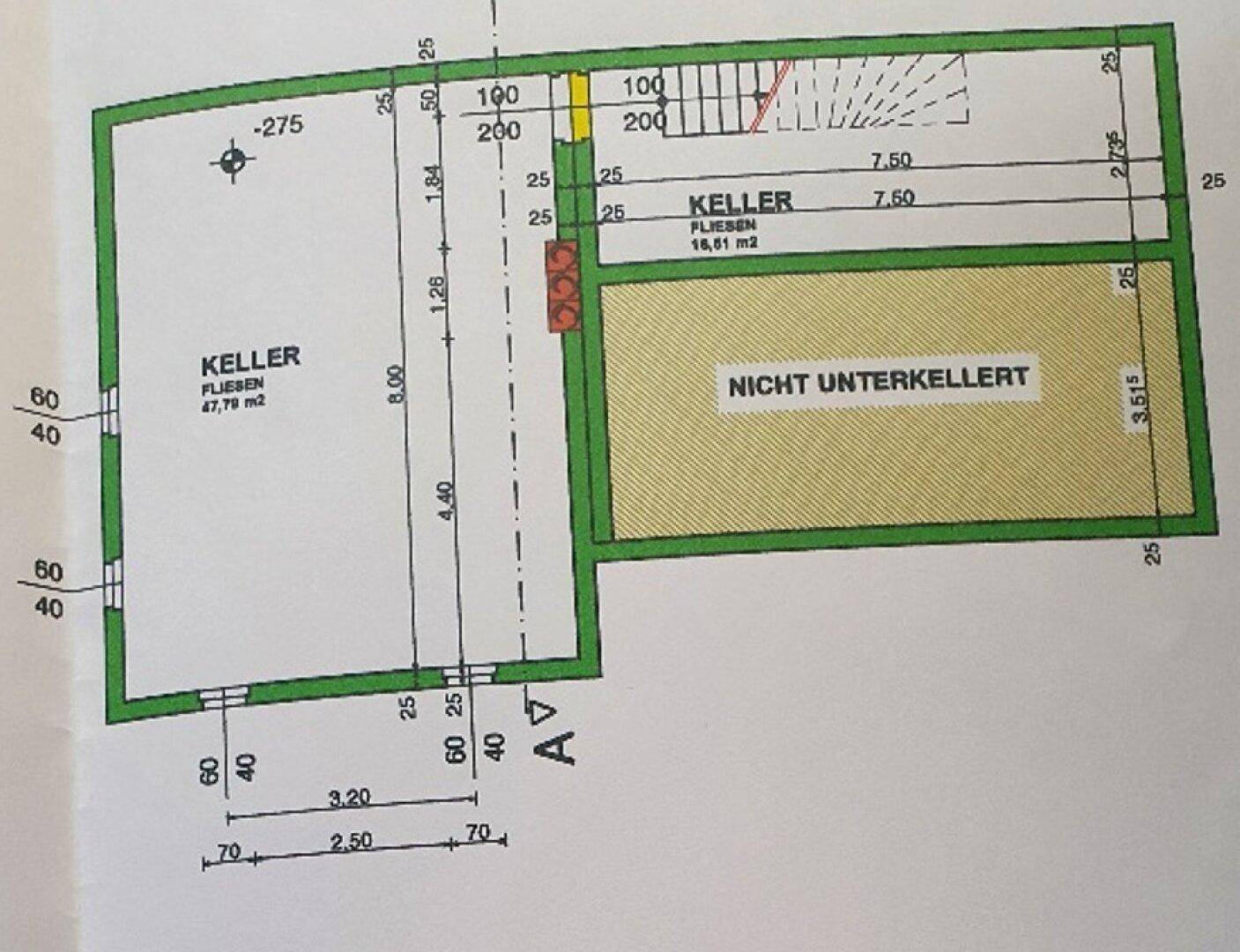 Grundriss des Kellers mit großem Kellerraum und nicht unterkellertem Bereich.