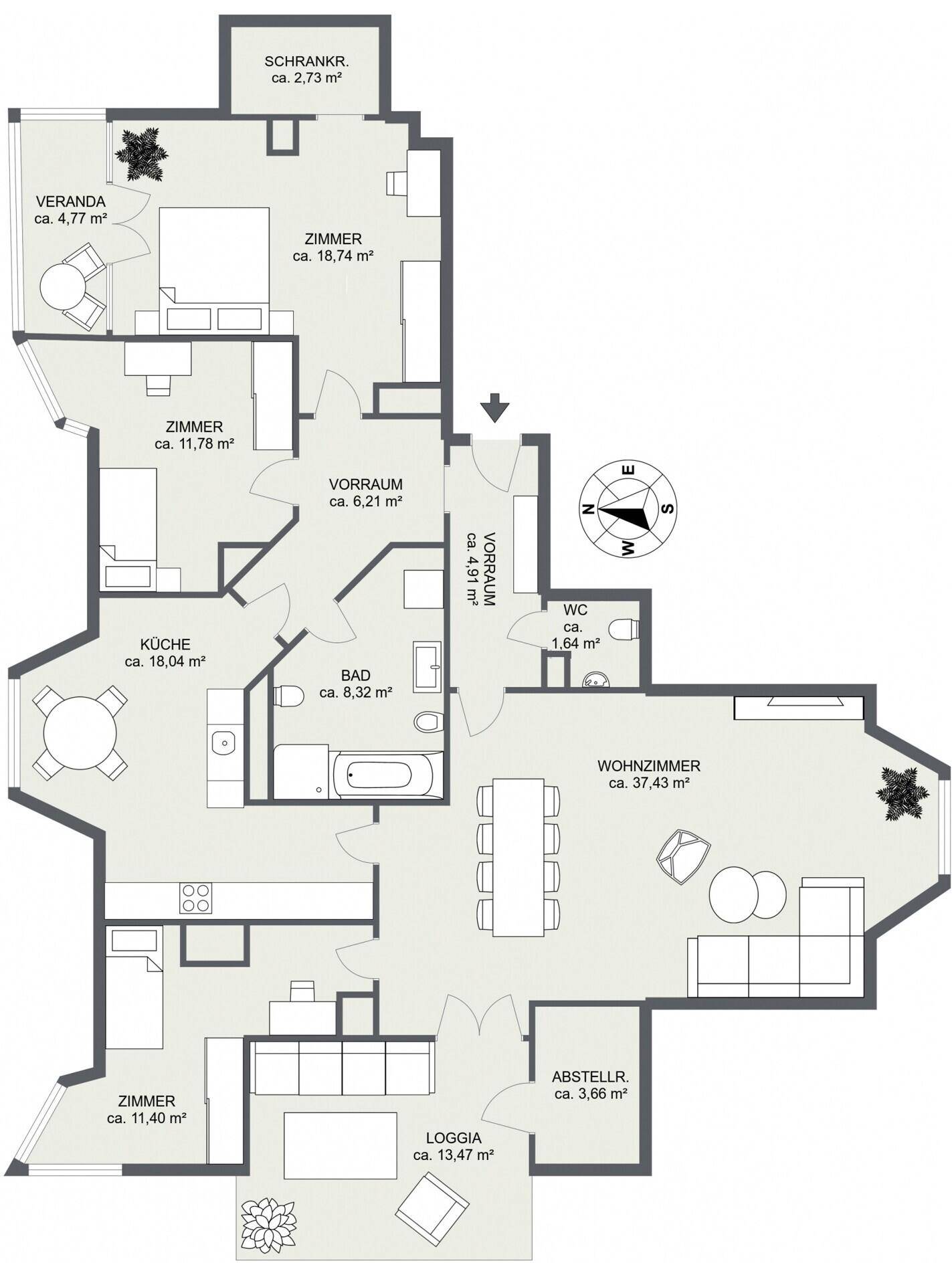 Detaillierter Grundriss der Wohnung mit mehreren Zimmern, Loggia und Veranda.