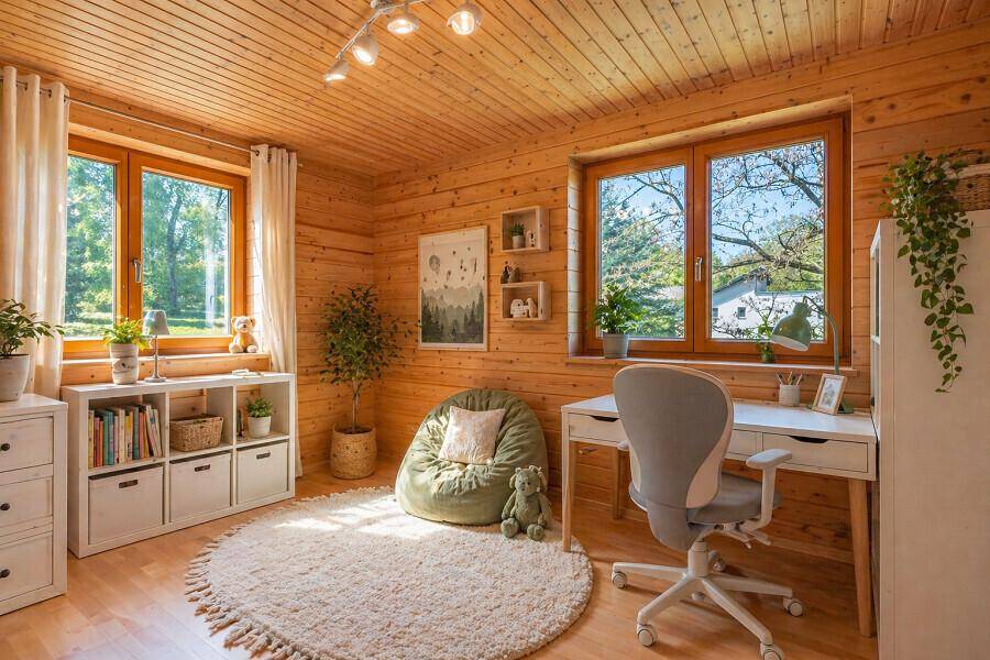 Gemütliches Schlafzimmer mit Holzwänden, Holzbalkendecke und moderner Dekoration.