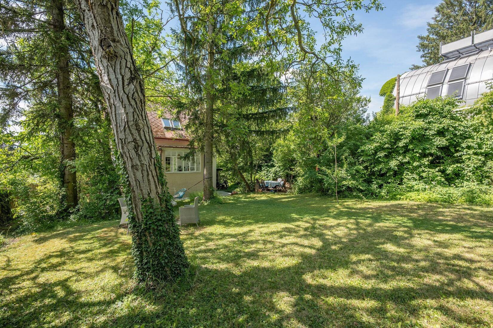 Idyllischer Garten mit altem Baumbestand und Blick auf das Wohnhaus sowie ein modernes Nachbargebäude.